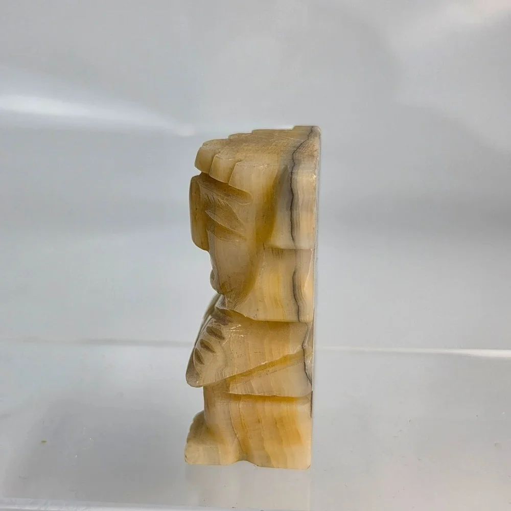 Vintage Mexican Onyx Carved Aztec Mayan Seated Figure Statue Green Banded Stone - Picture 3 of 8
